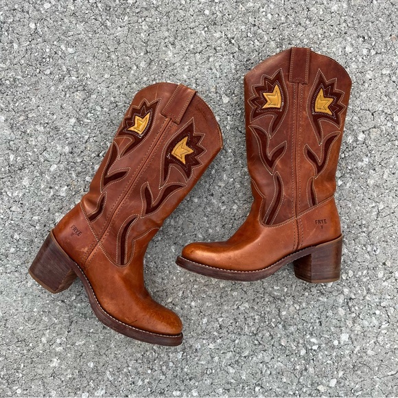 Frye Shoes - Vintage Frye Sabrina Floral Inlay Leather Boho Pull On Campus Boots Western